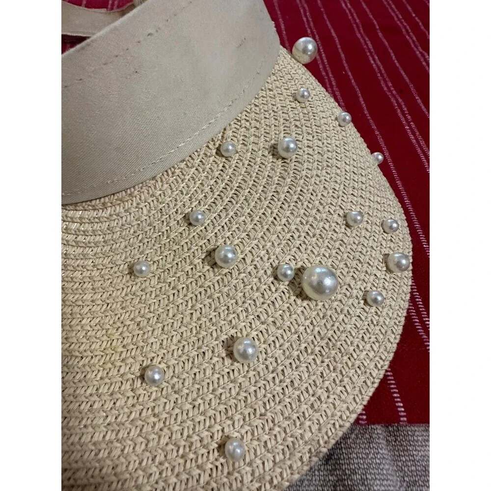 Unisex Y2K Style Pearl decorated Straw Hat Visor - Picture 2 of 7